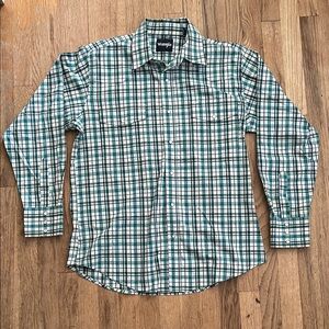 Wrangler Men's Long Sleeve Green and White Plaid Pearl Snap Button Down Shirt